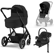 Коляска 3 в 1 Cybex Balios S Lux BLK и автокресло Aton B2 i-Size Volcano Black с базой isofix Base One Moon Black с дождевиком